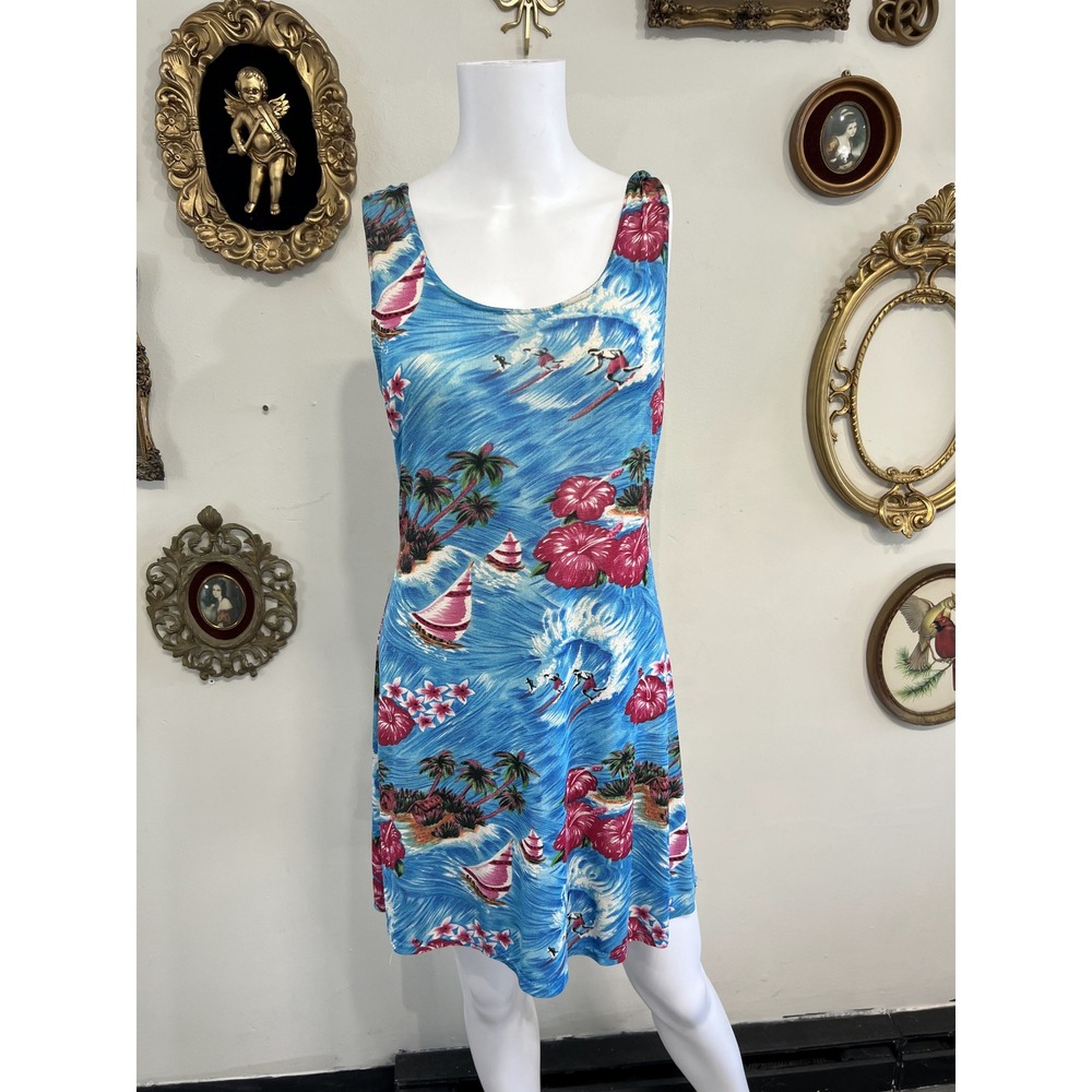 Vintage Blue Tropical Beach Surf Print Tank Mini Dress Hibiscus Sailboat Size XL